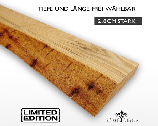 Esche Massivholz Wandregal mit Baumkante und Wurmfraß