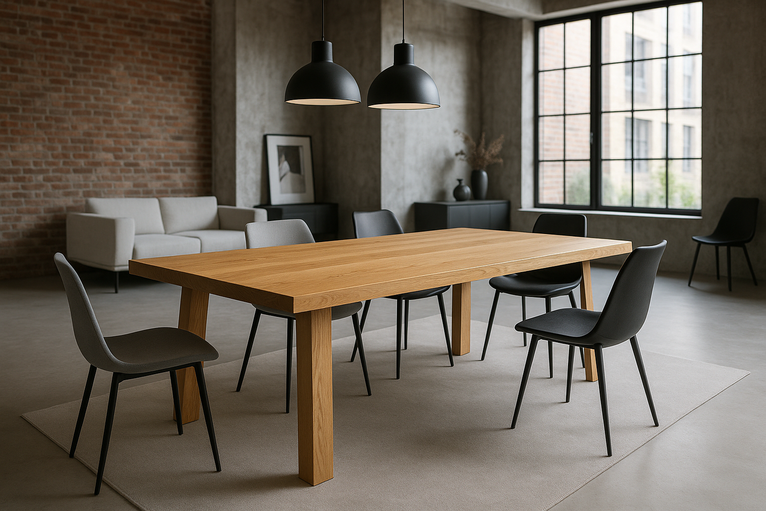 erstelle ein authentisches bild mit einem modernen massivholztisch aus eiche in einem schönen modern eingerichtetem loft ambiente 