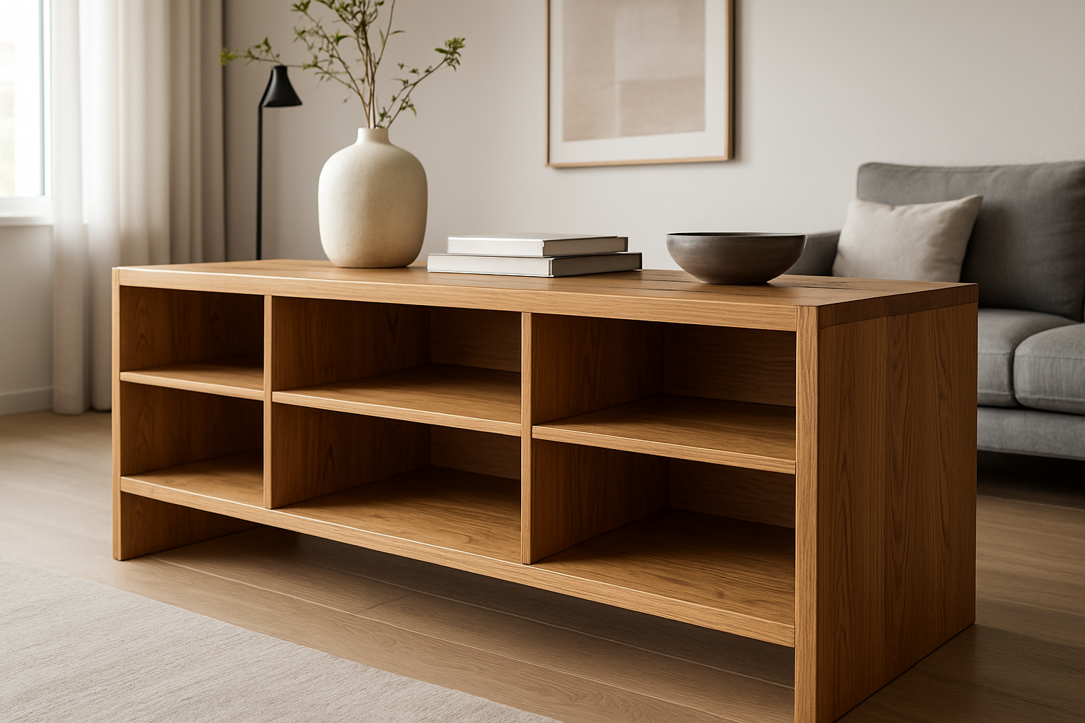 erstelle ein fotorealistisches bild in einem modernen zuhause auf dem ein modernes massivholz sideboard zu sehen ist. das sideboard ist ohne türen offen gestaltet. detailansicht