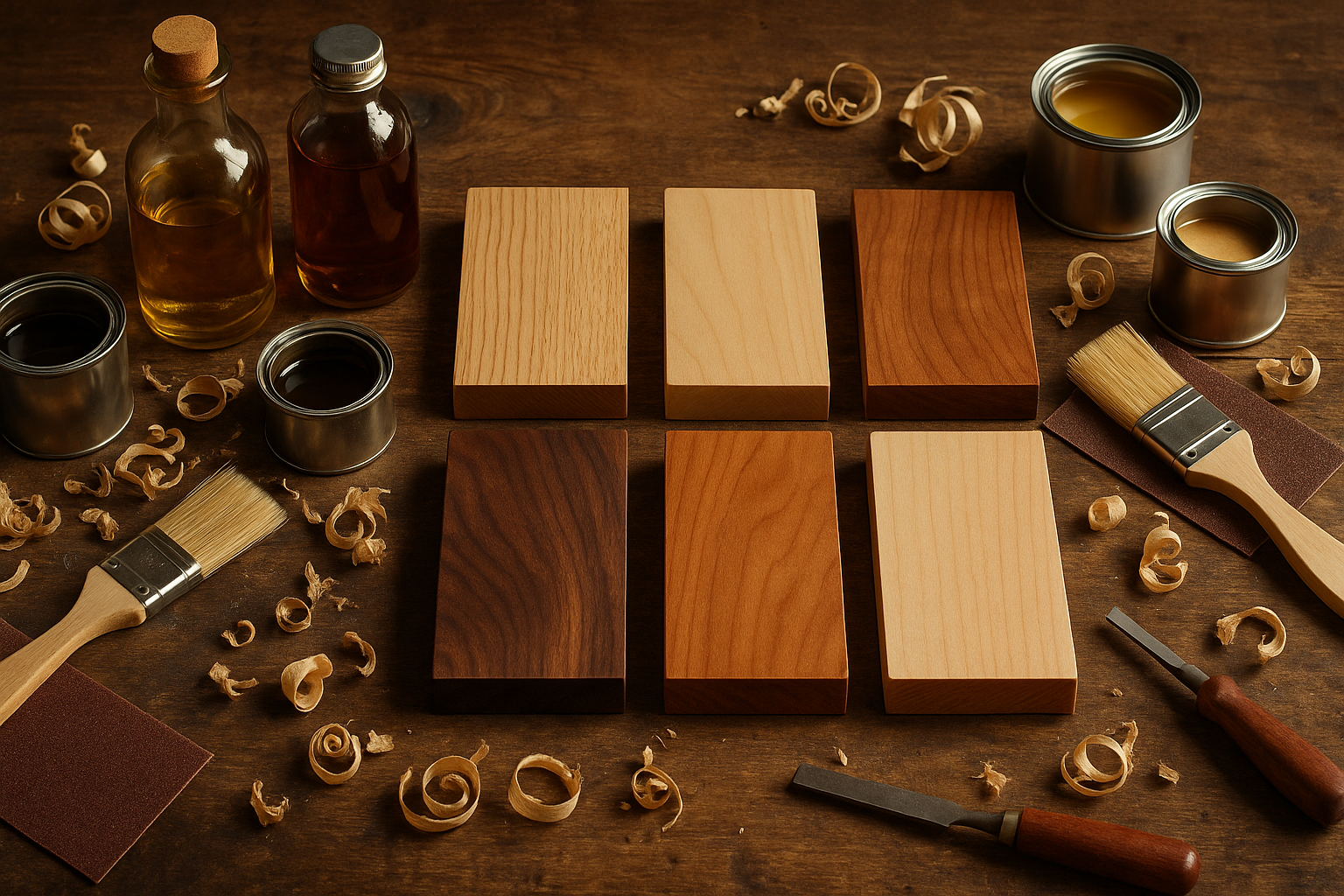generiere ein bild als banner für einen massivholz onlineshop zu dem thema "Holzarten und Eigenschaften". es sollen viele verschiedene hölzer zu sehen sein. so in etwa wie in einer holzwerkstatt. mit verschiedenen ölen, lacken und pinsel daneben usw.
ohne text in deutsch